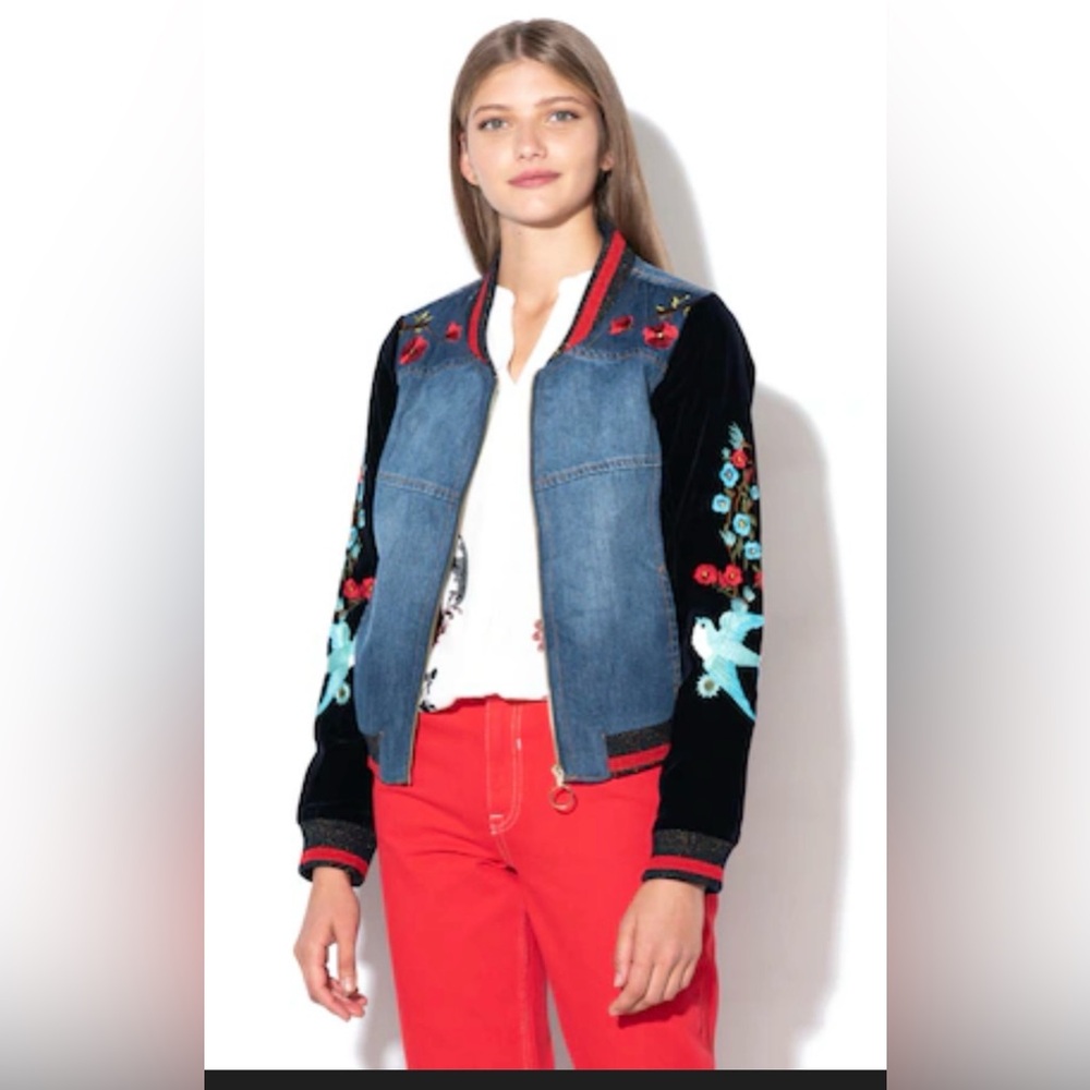 NEW📍Desigual Tottori  Embroidered Bomber Jacket velvet & Denim 40 medium - Picture 3 of 16